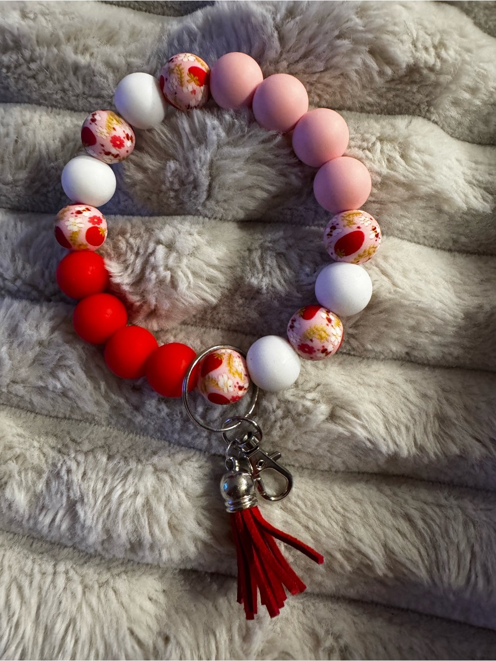 Beaded Wrist Key Ring with Red & Pink Floral Accents